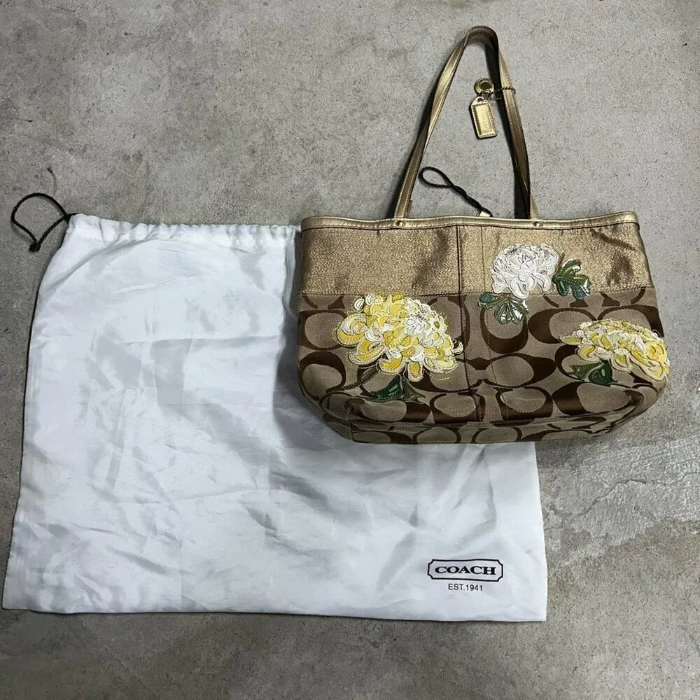 COACH Brown Signature Floral Embroidered Jacquard & Gold Leather Satchel Tote